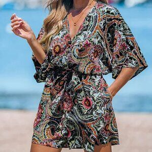 CUPSHE Paisley Surplice Tie Waist Belt Half Sleeve Romper, Black Floral, Size M